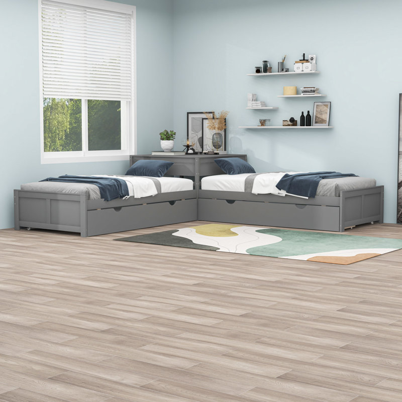 Twin Size 2 Drawers L-shaped Platform Beds with Trundle and Built-in Table, Gray