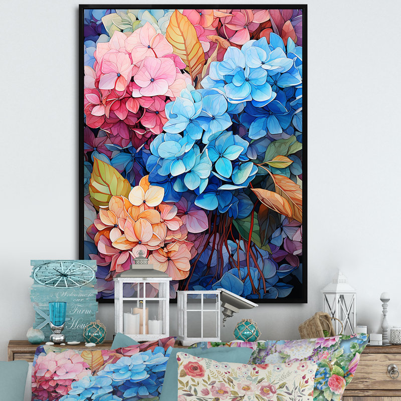 Hortensia bleue et orange II sur toile, Cadre flottant noir, H 20 po x l 12 po x P 1 po