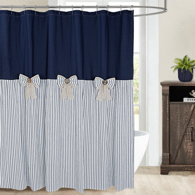 Profetto Farmhouse Linen Button  Shower Curtain, Bowknot,Linen And Cotton Woven Fabric,Pleated  Stripe,Country Style,72X72 In