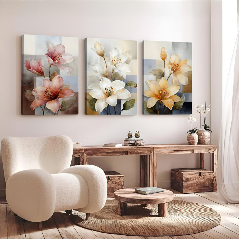 Élégant tableau mural floral sur toile tendue (ensemble de 3), H 36 po x l 72 po