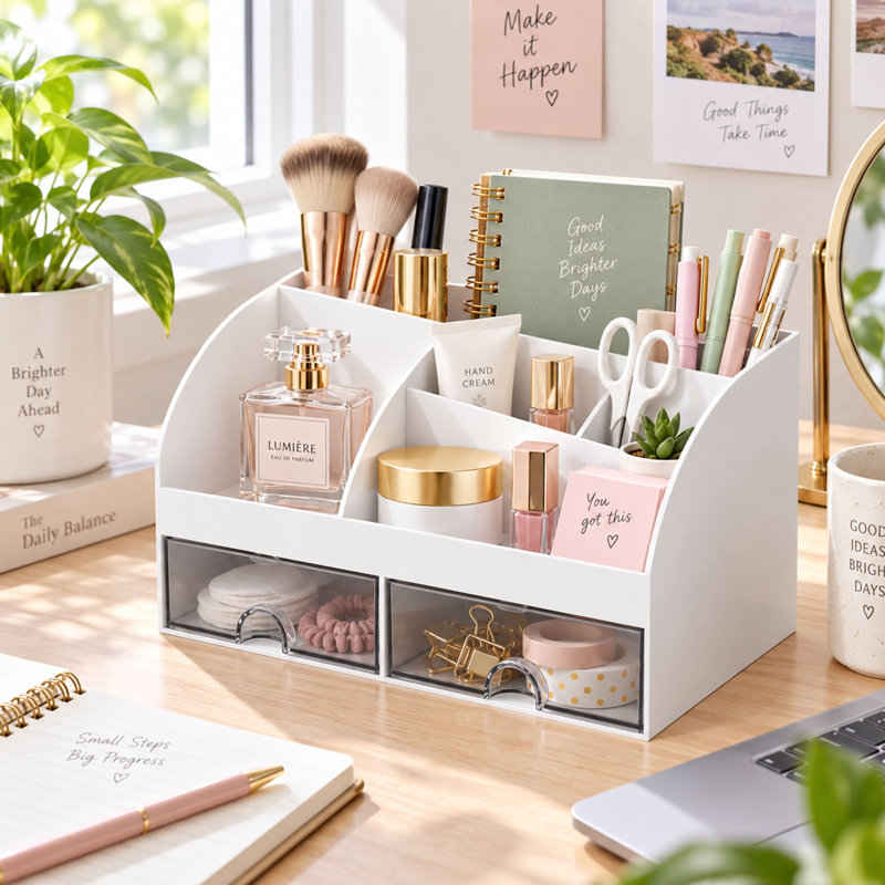 Organisateur de maquillage blanc avec tiroirs pour coiffeuse et comptoir de salle de bain