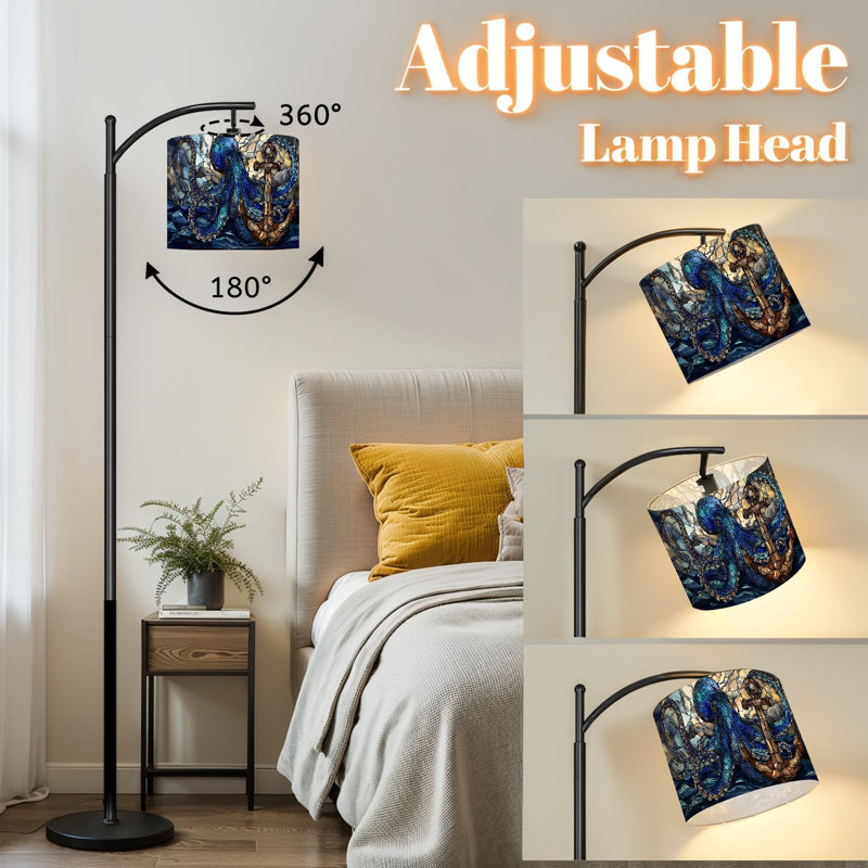 Arc Floor Lamp with Adjustable Lampshade Stained Glass Octopus Anchor Sea Storm Coatsal Standing Lamp 3 Color Temperatures Dimmable Tall Pole Lamp with Foot Switch for Bedroom