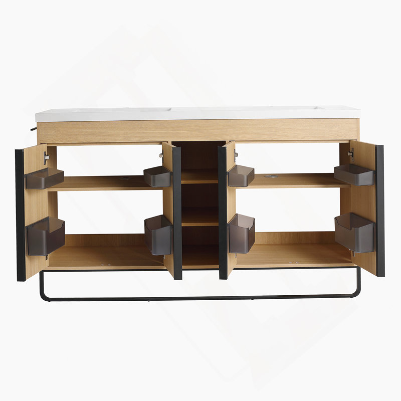Meuble-lavabo autoportant de 60 po avec lavabo double en résine, portes à fermeture en douceur et supports de rangement ouverts, fabrication en contreplaqué