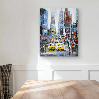 Urban scene with yellow taxis - Contemporary Blue metal print