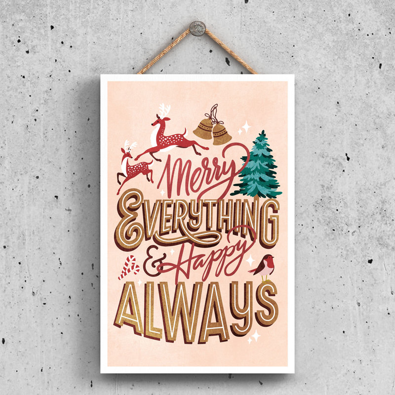 Xmas Merry Everything Happy Always Wooden Plaque, Pink, 28.5cm H x 18.5cm W x 0.9cm D
