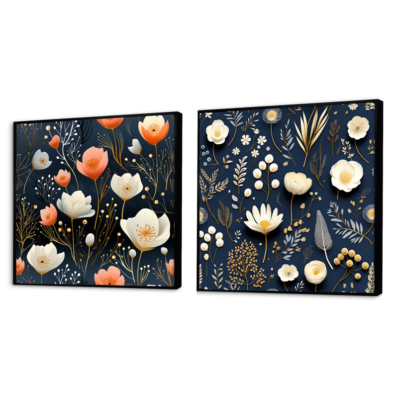 Fleurs botaniques bleues et blanches - ensemble de 2 carrés botaniques abstraits, Cadre flottant noir, H 16 po x l 33 po