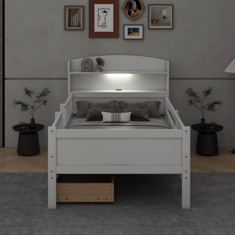 Lit simple avec lumière DEL, tête de lit multifonctionnelle et tiroirs, Blanc