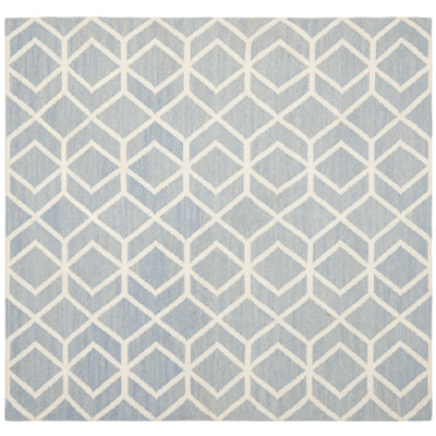 Rodgers Hand Woven Flat Weave Wool/Cotton Geometric Rug in Blue/Ivory