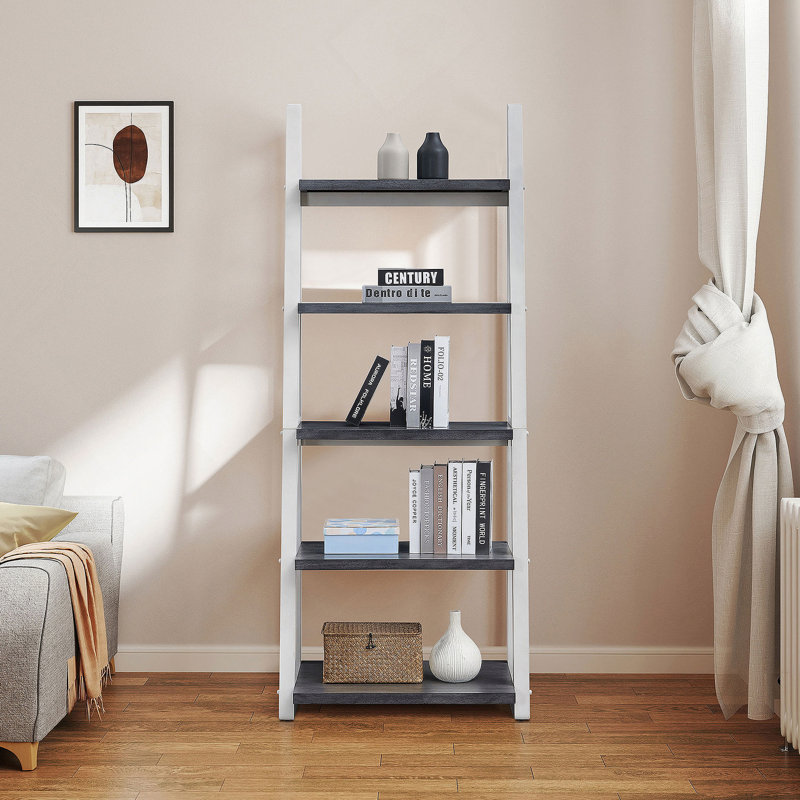 5-Tier Shelves,Bookshelf, Storage Rack, Bookcase With Rubber Wood Frame, Ladder Shelf For Living Room, Home Office, Kitchen, Bedroom, Apartment