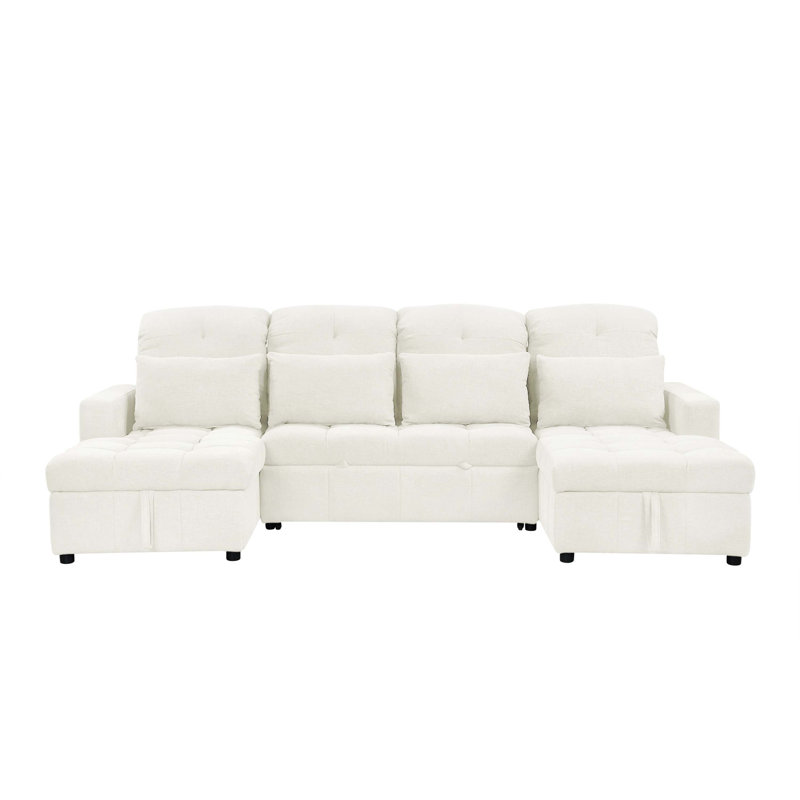 110.2" U-shaped Sofa Pull-out Sofa Bed with Double Storage Chaise, Beige