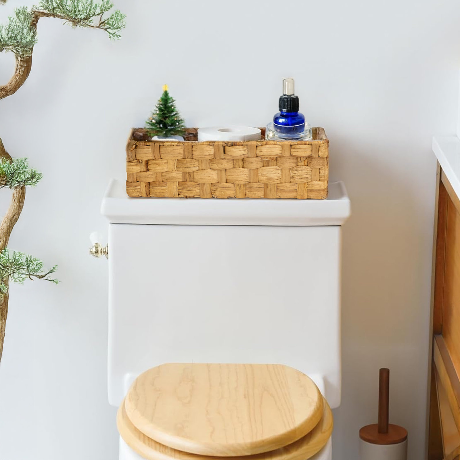 Onhomes Enna Toilet Paper Basket, Water Hyacinth Bathroom Baskets Built-in Handles, Wicker Basket for Back of Toilet Tank, Toilet Tank Basket, Basket for Bathroom, Toilet Basket, Natural, Set 2