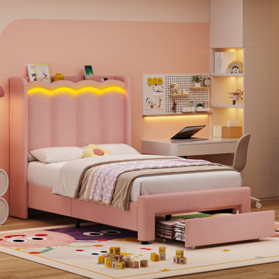 Velvet Upholstered Storage Kids Bed With LED Lights, Twin Size Platform Kids Bed With 1 Drawer