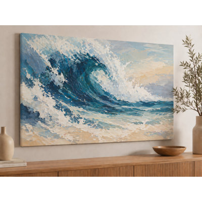 Grande toile de fond Vague qui se brise, océan dramatique, peinture marine, décor côtier pour le salon, chambre à coucher, bureau, plage, thème, décoration intérieure, impression sur toile 24 x 36 pouces - prête à être accrochée