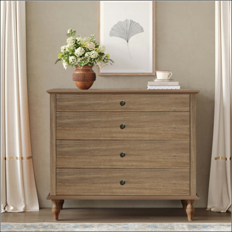 Grande commode à 4 tiroirs avec pied en bois massif, commode avec finition brossée et boutons de tiroir en métal, design antique pour chambre à coucher et chambre de bébé