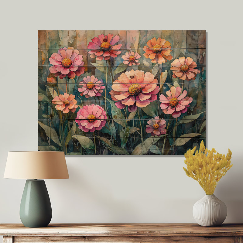 Zinnias Summer Petals In The Breeze II - Zinnias Wood Print - On Natural Pine Wood, 10" H x 20" W x 0.78" D