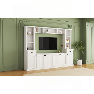 Minimalist Entertainment Wall Unit Set With Bridge For Tvs Up To 75'', Ample Storage Space TV Stand With Adjustable Shelves, Modernist Large Media Console For Living Room