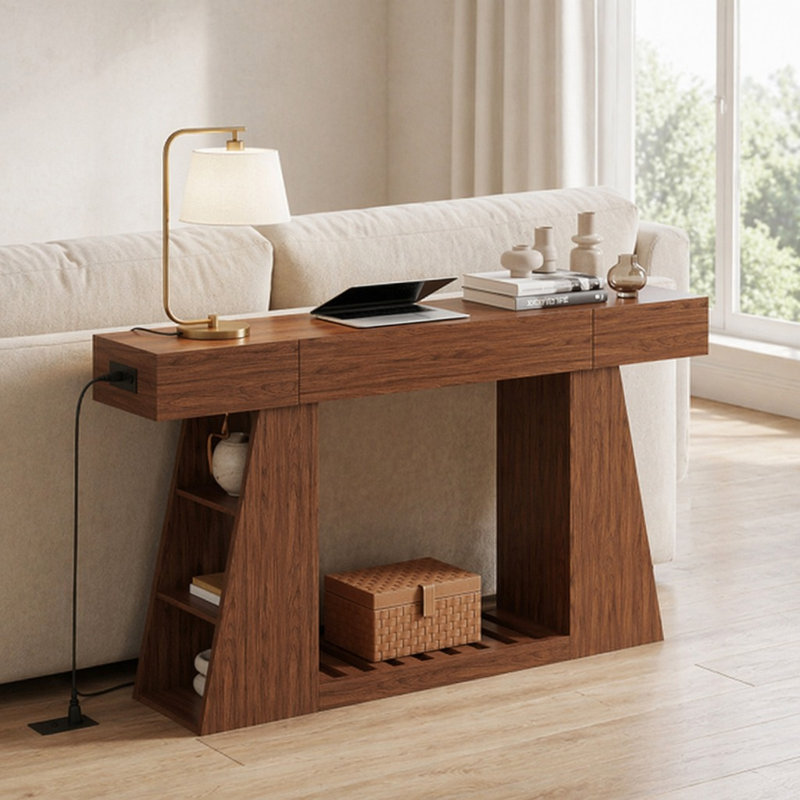 Console étroite avec prise de courant intégrée, canapé derrière le canapé avec compartiment de rangement latéral et tablette inférieure à lattes, table de présentation multi-pièces