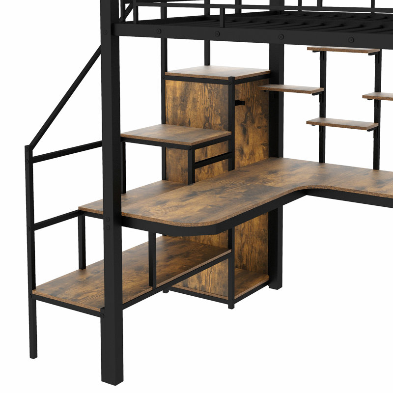 Système de rangement pour lit mezzanine double avec escalier, bureau et bibliothèque, Noir