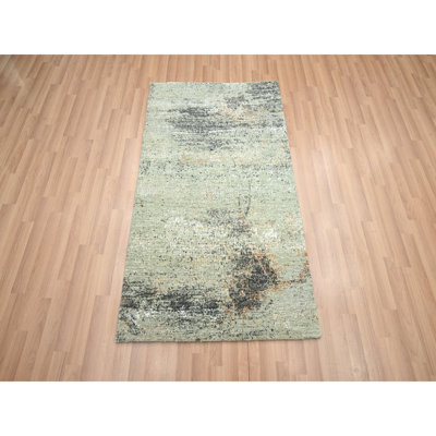 3'x5' Laurel Green Abstract with Galaxy Design Pure Wool Hand Knotted Rug E0EA2B4890C64ED69BC03E9F22430408