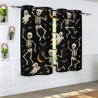 2Pcs Halloween Skeleton Ghost Bats Print Blackout Curtains, Funky Boho Gothic Decor for Living Room Bedroom Holiday