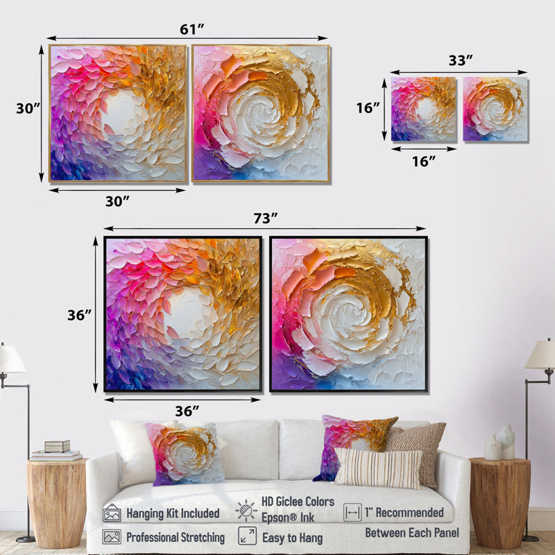 Encre florale blanche, rose et dorée I - décoration murale spirales abstraites - art mural moderne 2 pièces, Cream