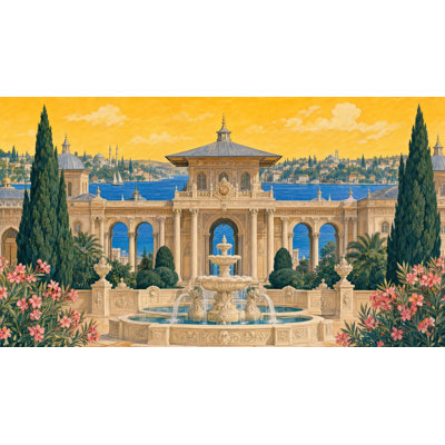 Papier peint paysage méditerranéen, décoration murale, fontaine décorative, architecture classique