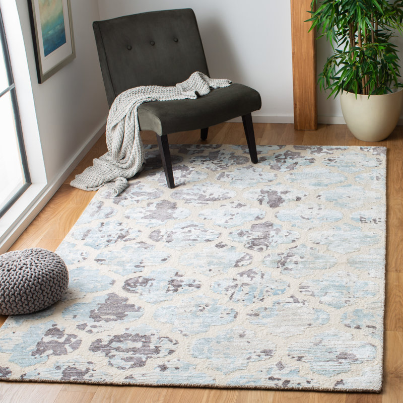 Asensio 600 Hand Tufted Viscose/Wool Geometric Rug in Beige/Blue, Rectangle 6' x 9'
