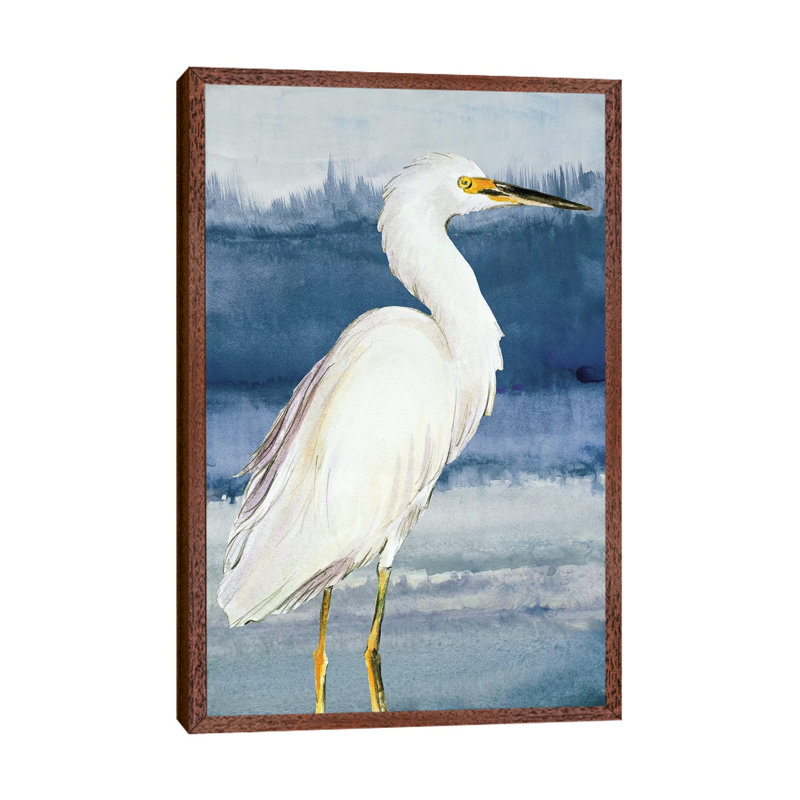 Heron On Blue II by Lanie Loreth - Painting on Canvas, 66.04 cm H x 45.72 cm W, Classic Brown Wood Framed
