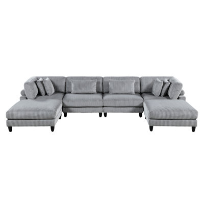 6pc Modular Sectional In Gray Corduroy Upholstery For Living Space - 2 Armless Chairs, Corner Seats, Ottomans And Marvelous Pillows Modern Room Intrig