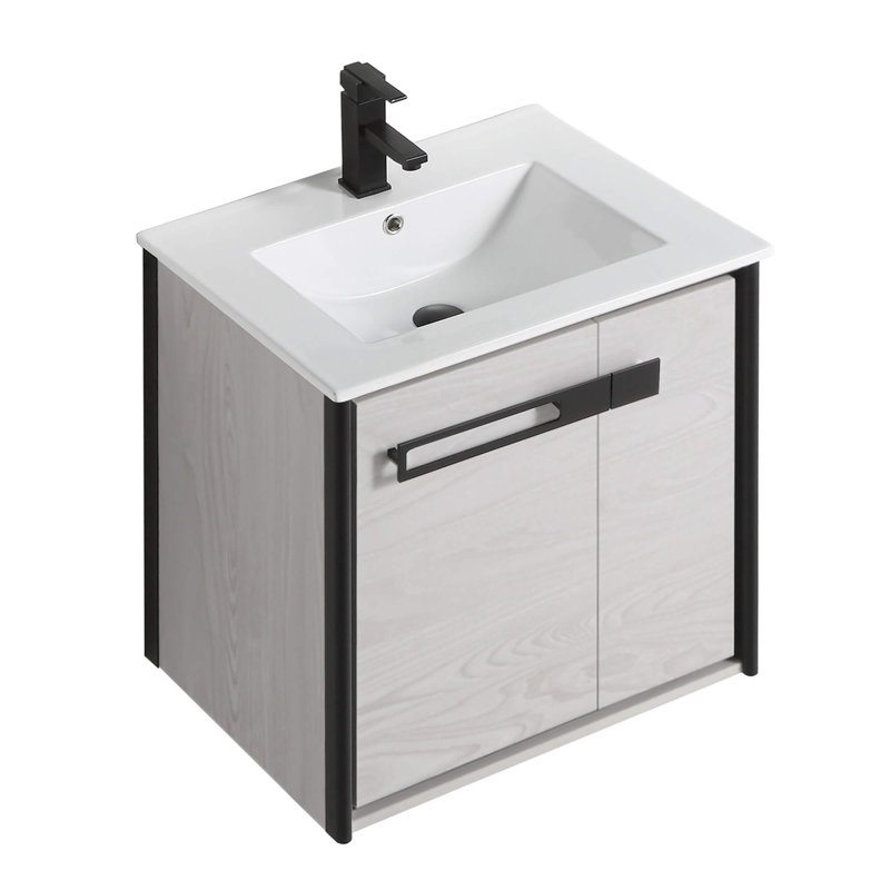 24'' Single Bathroom Vanity with Vitreous China Top, Matte Black, Mild Gray Oak