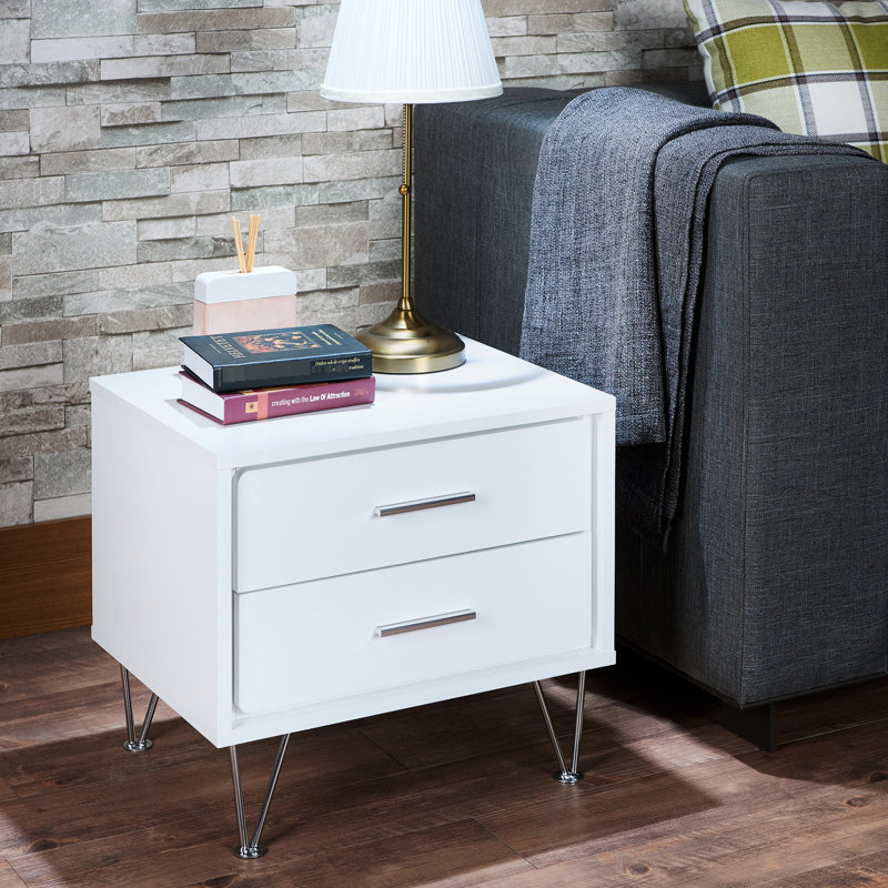 Table de chevet rectangulaire à 2 tiroirs en bois blanc avec pieds en métal