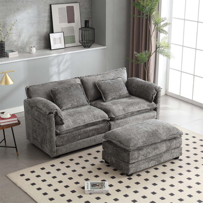 Canapé double surdimensionné avec tissu en chenille doux, accoudoirs amovibles, poches latérales pratiques et repose-pieds confortable pour une détente ultime