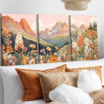 3Pcs Boho Mountain Canvas Wall Art Vintage Wildflower Mountains Poster Prints Abstract Nature Landscape Picture Nature Botanical Paintings Artwork Wall Decor For Living Room Bedroom 12X16in Framed