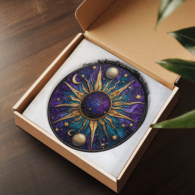 Celestial Sun Moon Star Mandala Stained Glass Panels Suncatcher for Window Decor
