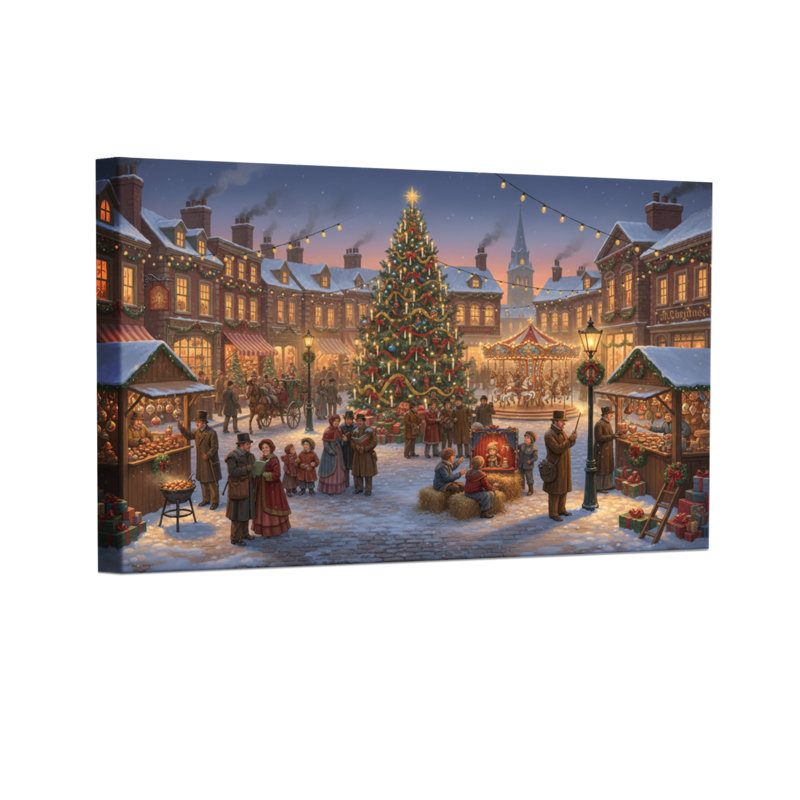 Scène de marché de Noël avec arbre et étals, ensemble de 3 reproductions d'art sur toile, H 20 po x l 30 po