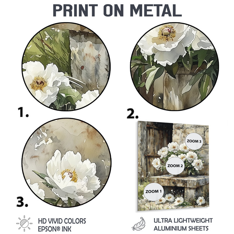 Pivoines par l'arrosage III - Pivoines, impression sur métal, H 20 po x l 12 po