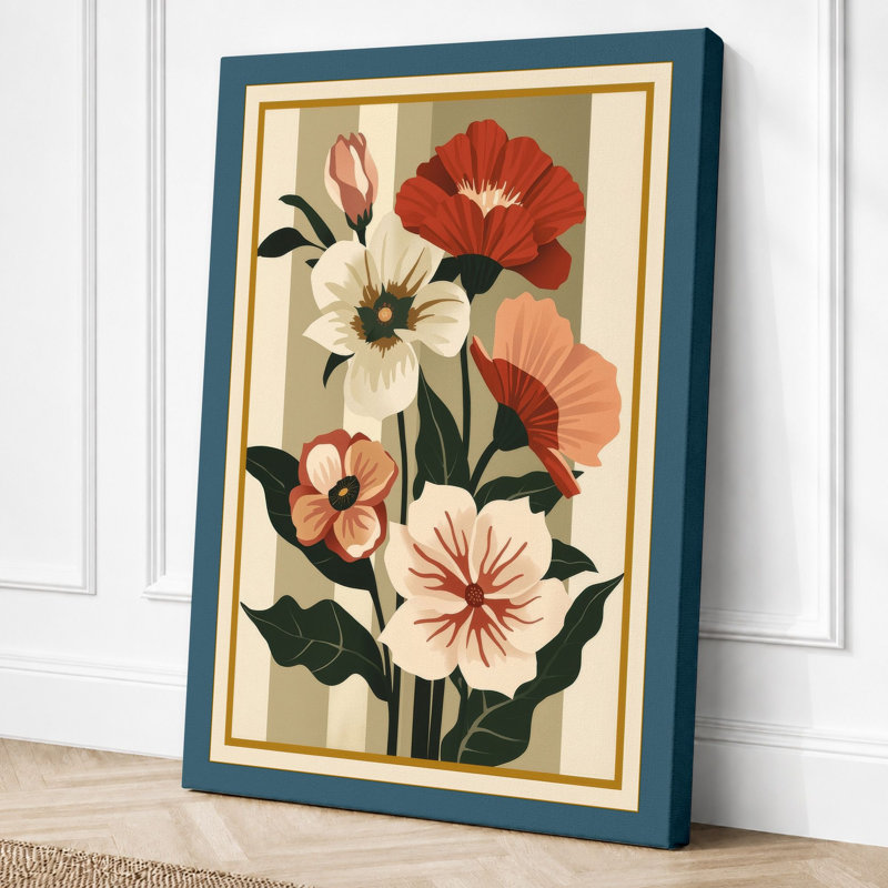 Five Flowering Stems Botanical - Wrapped Canvas, 30x20 - 76.2 x 50.8 cm, Teal Border