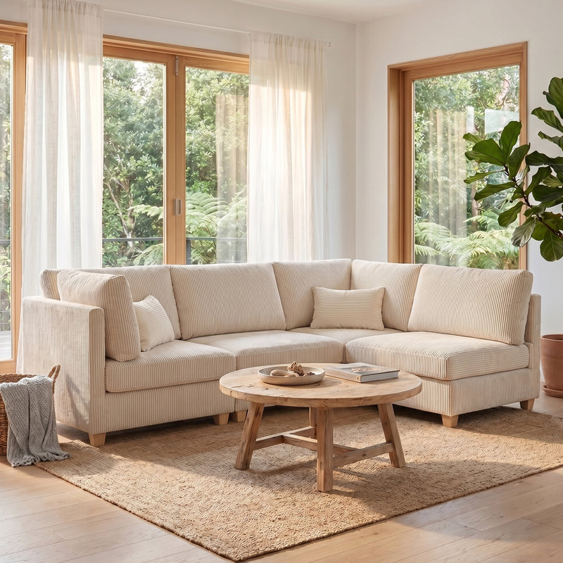 126" Modular Sectional Corner Sofa 4 Pieces Corduroy Deep Seat Cloud Couch With Pillows, Beige Corduroy