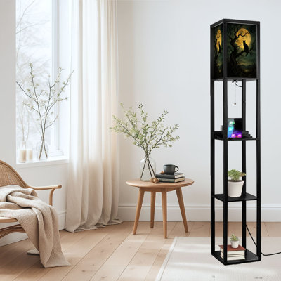 Dimmable LED Standing Floor Lamp Black Cat Sitting Bare Tree Branch Against Full Moon Night Landscape, MDF Frame Floor Lamp with Remote Control, 3 Color Light, for Living Room Bedroom