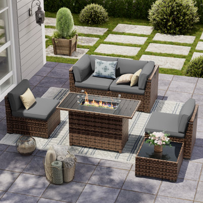 Bhairavi Wicker/Rattan Seating Group With Cushions And Firepit by Wade Logan