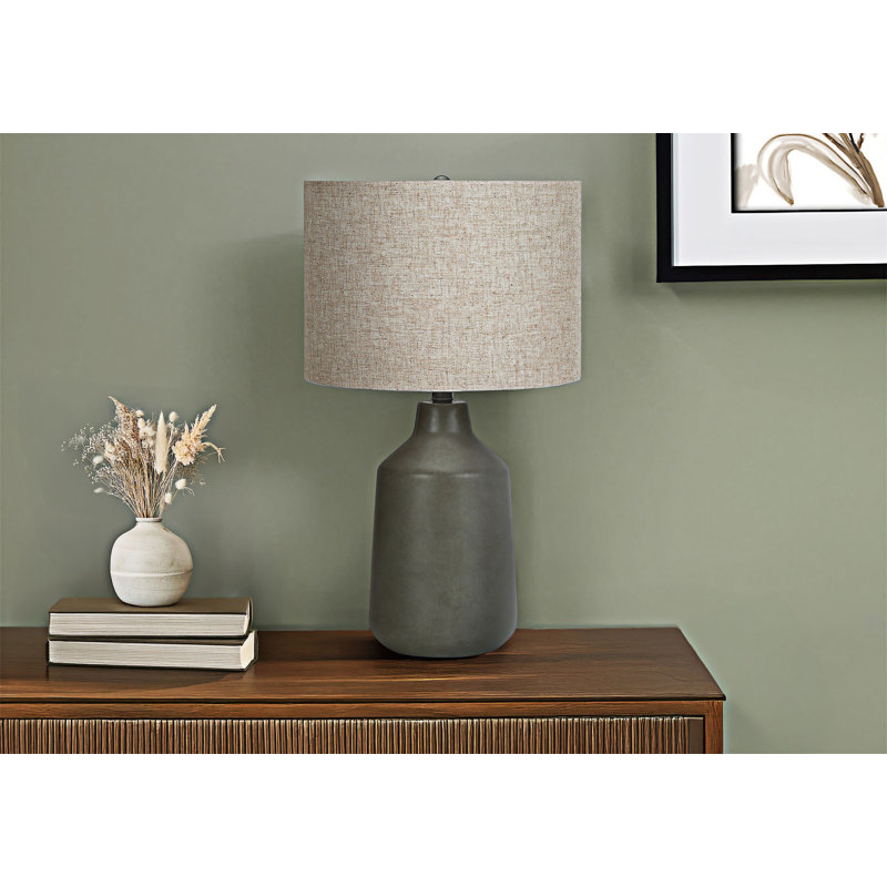 Lampe de table industrielle en béton avec interrupteur rotatif à 3 voies et abat-jour en lin beige, Beige, Gris
