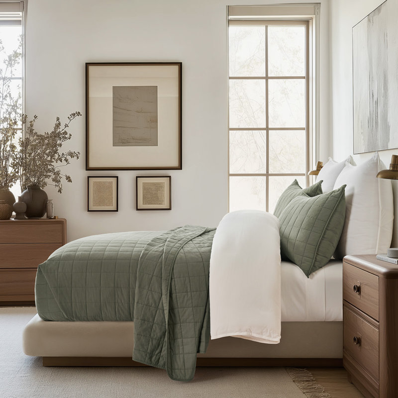 Ensemble de courtepointe 100% coton, Courtepointe pour lit grand + deux taies décorati, Vert olive