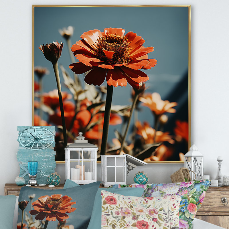 Rayon rouge Zinnias - art mural Zinnias, Cadre flottant doré, H 16 po x l 16 po x P 1 po