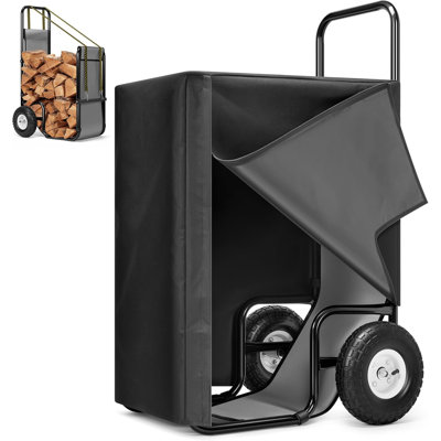 250 LB Capacity Heavy Duty Steel Rolling Firewood Log Cart Carrier with Cover