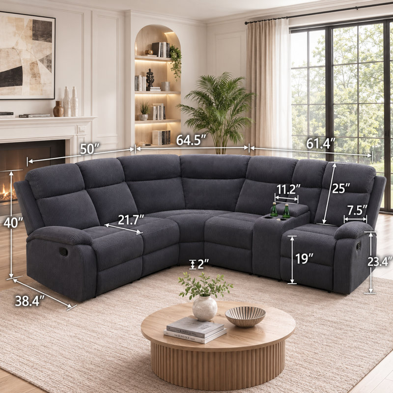 Ensemble de canapé modulaire inclinable en tissu 3 pièces, Tissu gris, H 40 po x l 175 po x P 38 po
