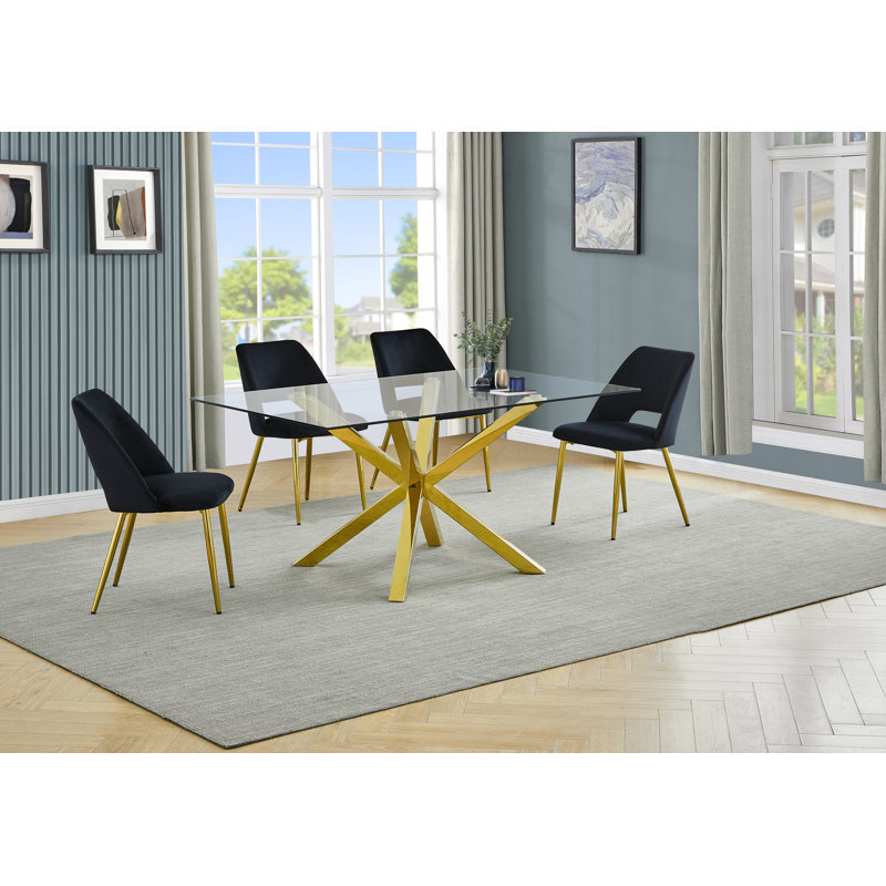 Ensemble de salle à manger rectangulaire en verre 63 po x 39 po avec chaises d'appoint en velours et base dorée, Noir, 5