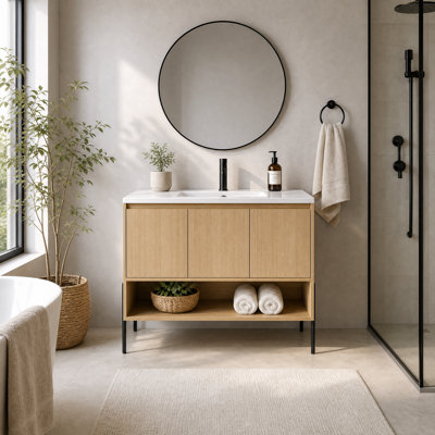 Base de meuble-lavabo 48 po avec 3 portes à fermeture en douceur, armoire de rangement autoportante, meuble-lavabo en bois d'ingénierie à finition chêne pour grande salle de bain