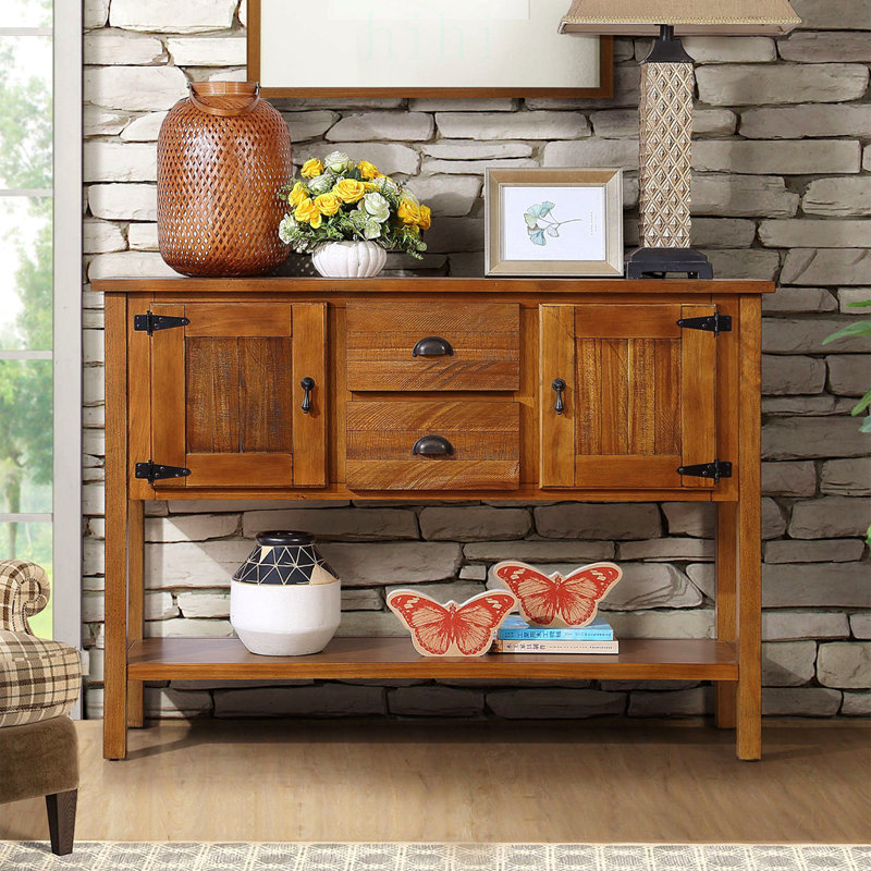 Console en bois massif, 48 po, polyvalente, pour le salon - Buffet brun 48 po avec 2 tiroirs et armoires, zones d'apparence élégante