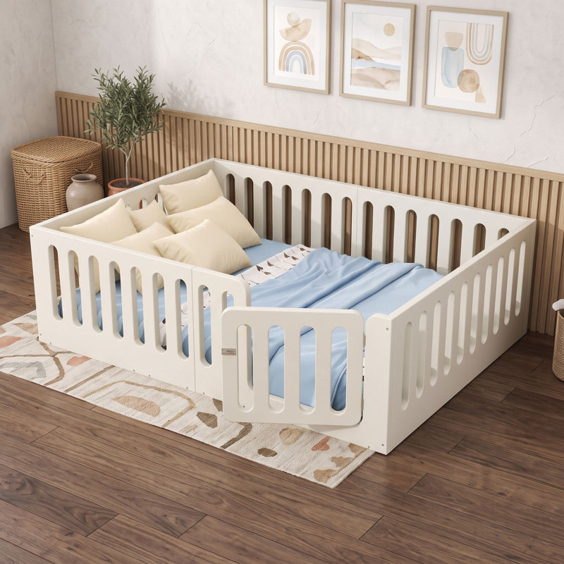 Lit double en bois avec garde-corps, Beige