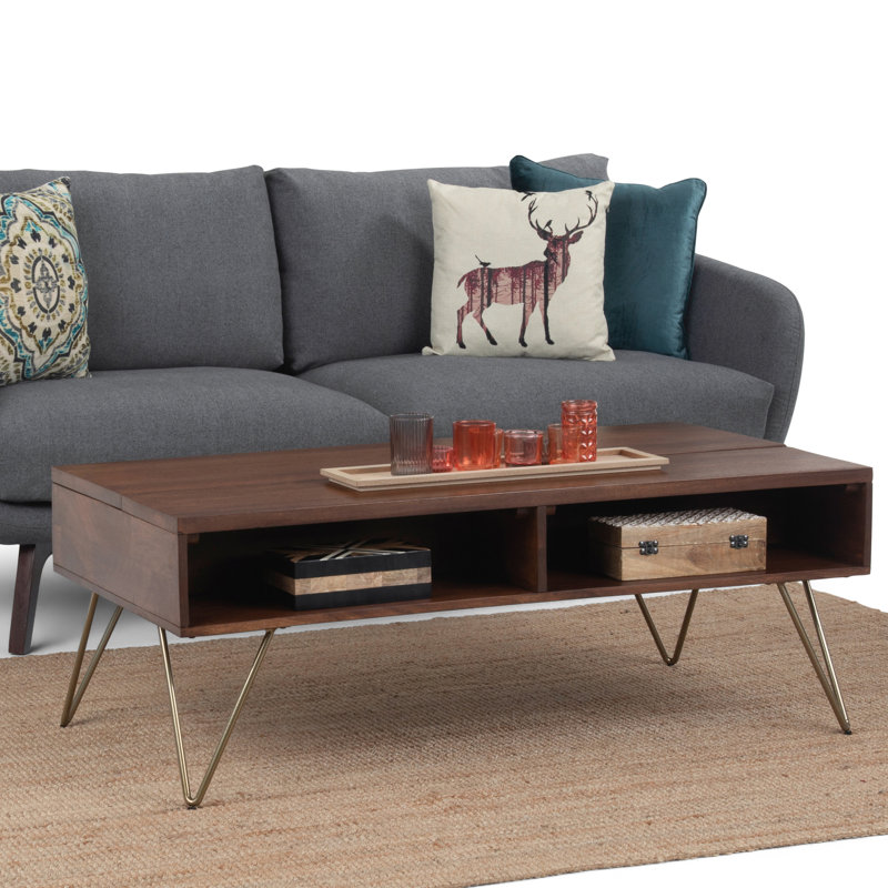 Hunter 48"W Solid Mango Wood and Metal Industrial Lift Top Coffee Table with 2 Storage Cubbies and Hairpin Legs